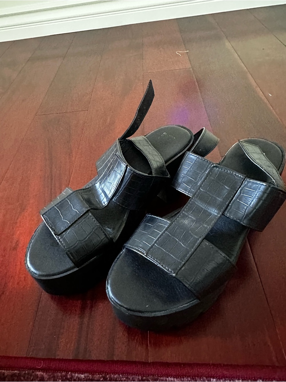 Black Platform Sandals with Croc-Embossed Straps